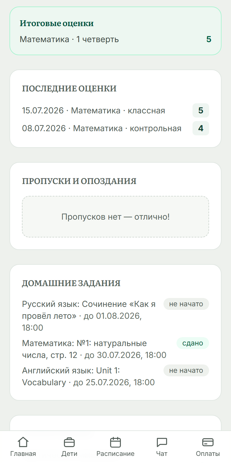 Кабинет родителя на телефоне: итоговые оценки, последние отметки, пропуски и домашние задания